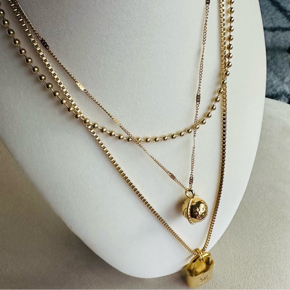 Louis Vuitton Lock Necklace Layered Set Globe Ball Chain Stainless Steel Gold - Picture 13 of 17